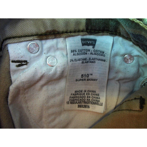 Levi’s 510 Jeans Kids 12 Regular 26X26.5 Olive Cloud Camo Denim‎ Skinny Fit - Picture 4 of 10